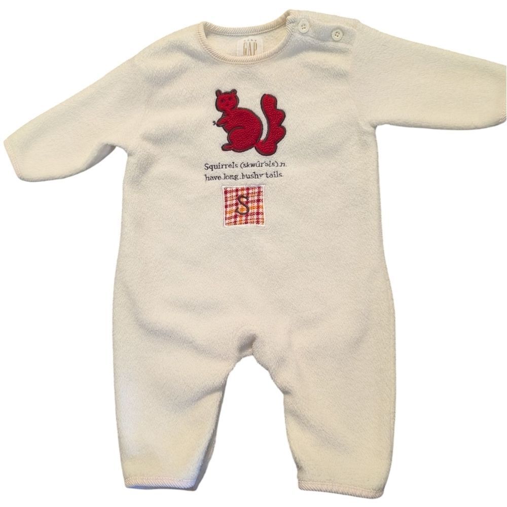 Gap Baby Y2K Vintage White Fleece Embroidered Squirrel Romper Outfit 3/6 Months